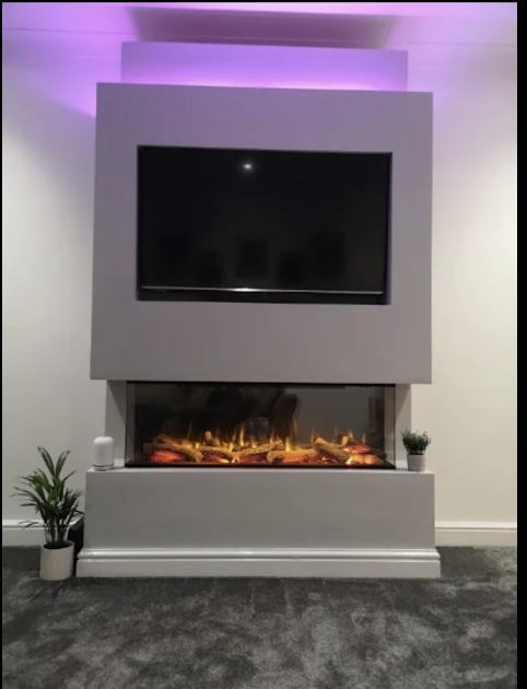 Bespoke media wall with electric fireplace and mounted television